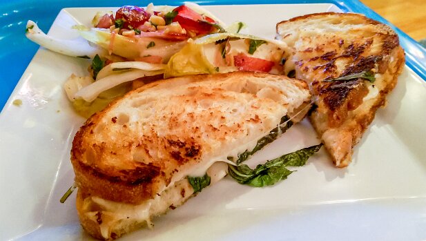 Food 2015 Fontina & basil grilled cheese sandwich with summer stone fruit & endive salad #blueapron