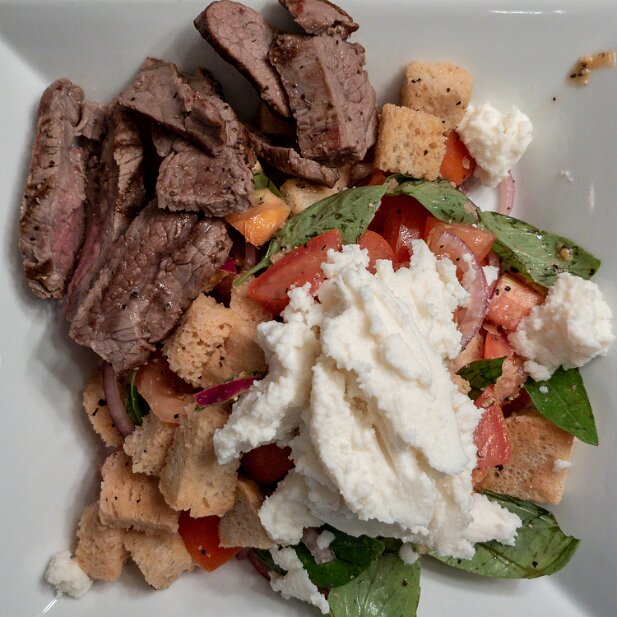 Food 2021 Tomato panzella with ricotta and flank steak