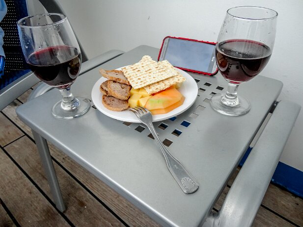 Cruise Valor 2015-05 Cheese, crackers, melon, wine--Appetizers on the balcony.